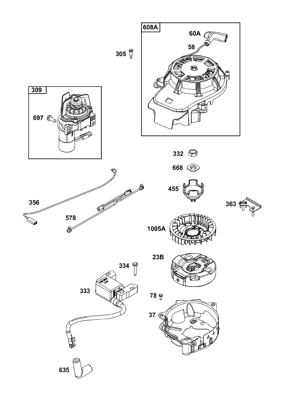 Flywheel, Ignition And Starter Group Diagram and Parts List for 103M05-0111-F1 100000 - 19Z999 Briggs and Stratton Engine